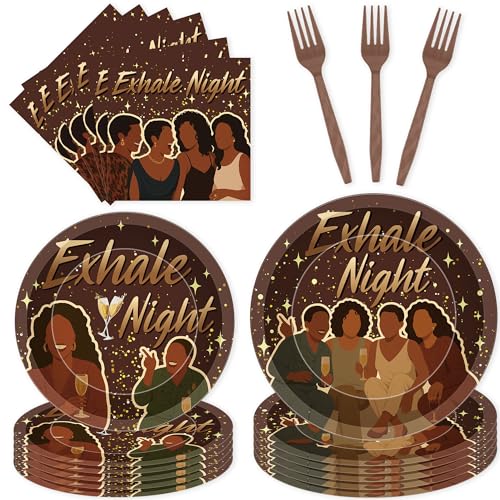 Romart 96 Pcs Exhale Night Party Supplies Brown Women Silhouette Disposable Paper Plates Napkins with Forks Tableware Set for Girls Night Birthday Black History Month Decorations Serves 24