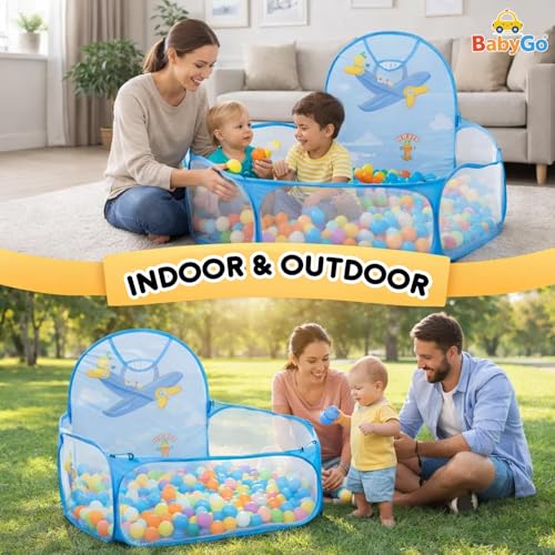Image of BabyGo Kids Activity Basketball Aeroplane Ball Pool for Kids, Play Tent House for 2+ Year Old Girls and Boys, Ball Pit for Kid, Spacious, Lightweight, Portable & Easy to Set Up (Blue) (No Balls)