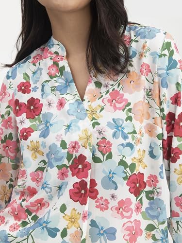 Image of FableStreet Women Shirt Work & Casual | Relaxed Fit Mandarin V-Neck Three-Quarter Sleeves Solid Pattern | Breathable Woven Fabric for Office & Everyday Wear
