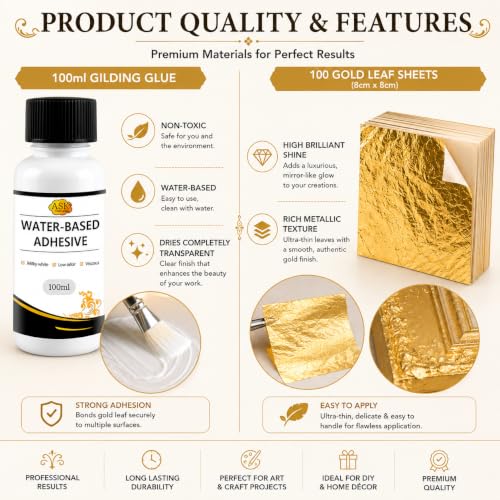 Image of 100 Sheets 8x8cm Gold Leaf Sheets Foil Paper with Water-Based Gilding Adhesive Glue | 100ml Gold Leaf Glue for Gilding, Resin Art, DIY Crafts, Furniture, Canvas, Glass & Home Decor