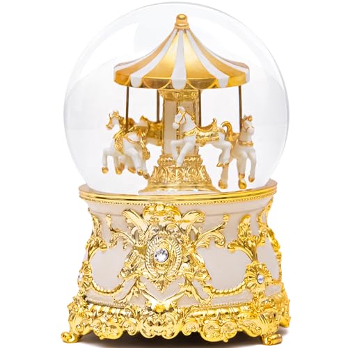 Globo de nieve de carrusel blanco y dorado con música y purpurina para hogar 2