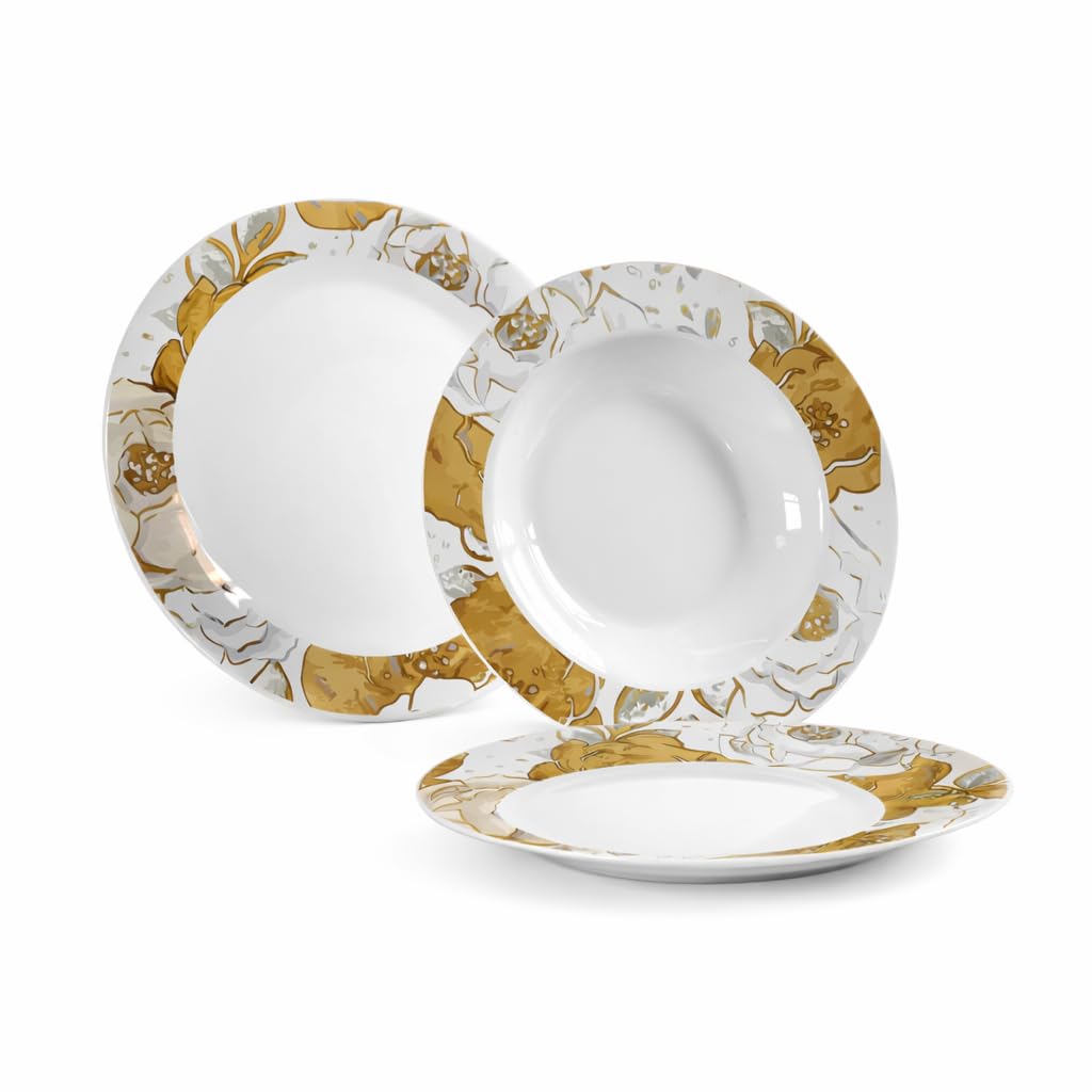 Servizio Piatti 18 Pezzi in Porcellana Lux, Set Tavola 6 Coperti 6 Piani 6 Fondi 6 Dessert Con Decorazione - (Fiori Oro)