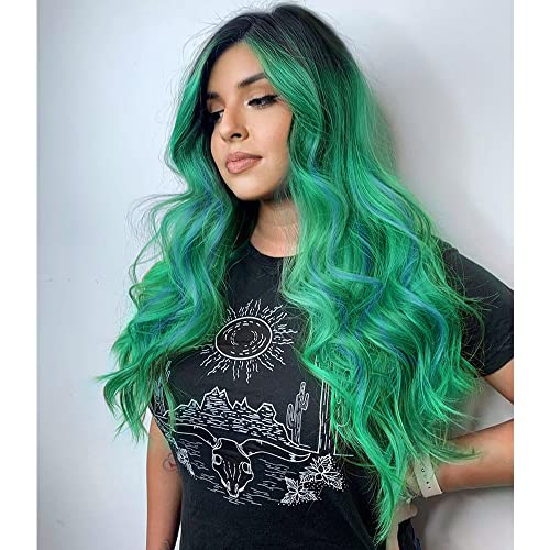 Nnzes Ombre Green Wig for Women Synthetic Long Wavy Wig Middle Part Hair Replacement Wigs 22 Inch Heat Resistant Fiber for Halloween Party Cosplay Wigs
