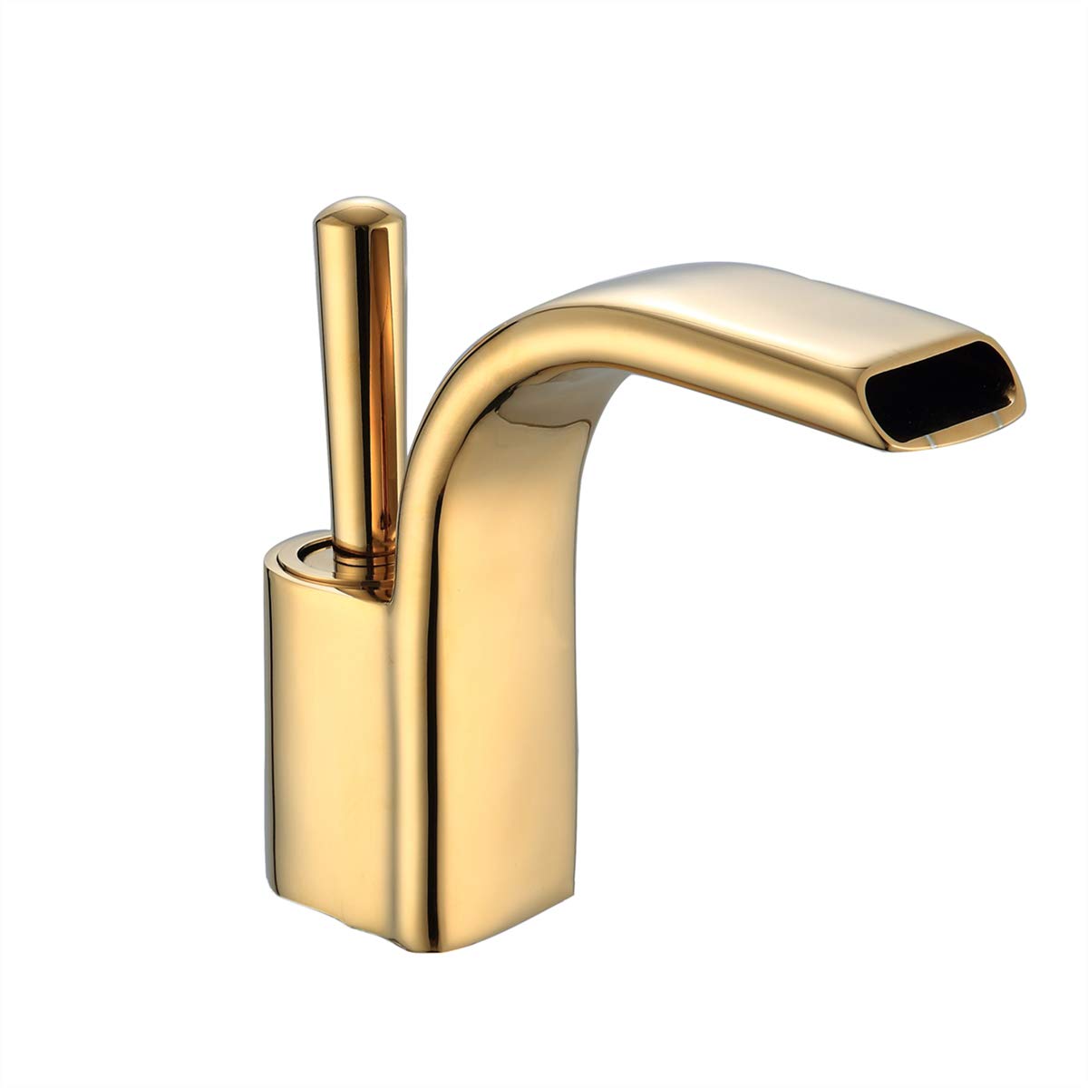 YUELIFE Bathroom Faucet Single Handle Waterfall Bathroom Sink Faucet with Lead-free Brass Body and Wide Spout Bath Fitting Commercial Bathroom Faucets with Inlet Hose, Gold