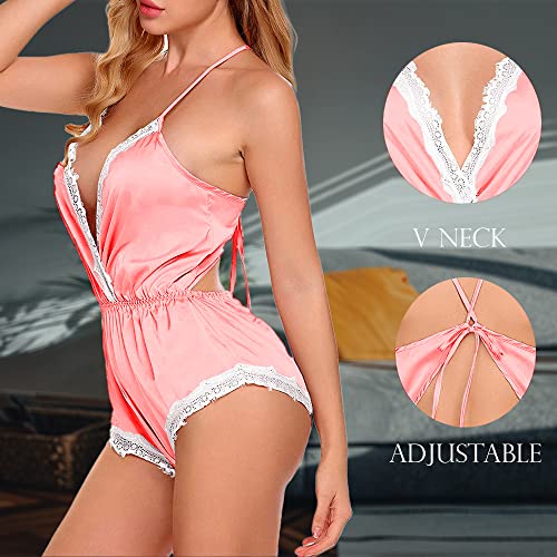 Image of BROIDEN Women Lingerie Bodysuit V Neck Teddy Lace Babydoll Satin Nightwear