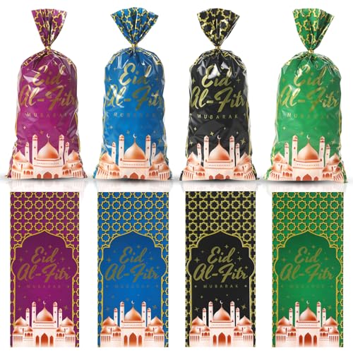 eowqeiur 100 PCS Eid Goodie Bags(5x11 Inch) with Ties for Candy Goodie Treat Snack Goody Cookie Small Gifts Wrap Ramadan Baggies Pouch Eid Mubarak Party Favors Supplies Decor