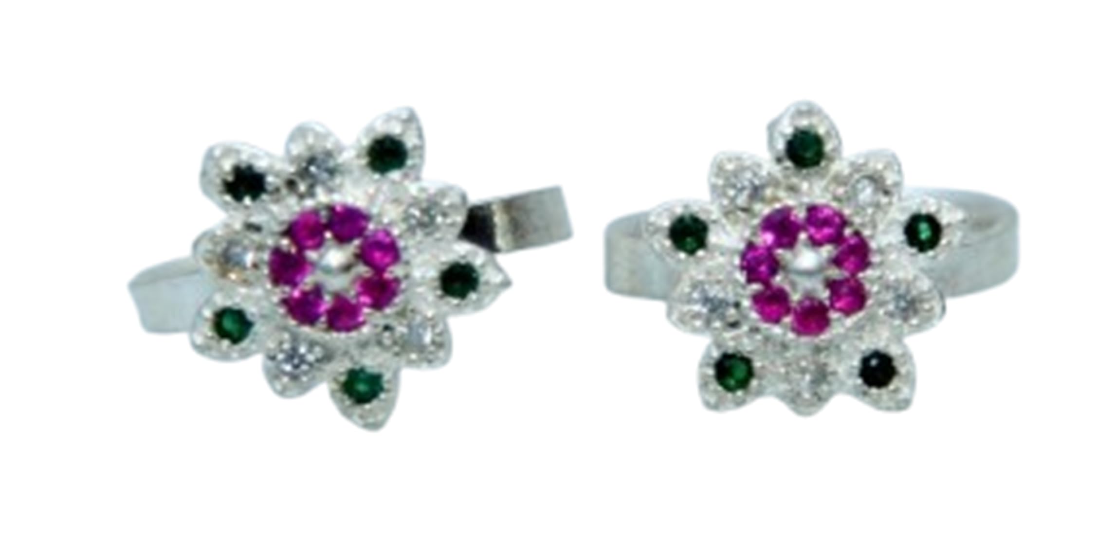 925 Sterling Silver Green Pink Stone Toe Rings Pair | Size Adjustable | Gift for Women and Girls-image-46