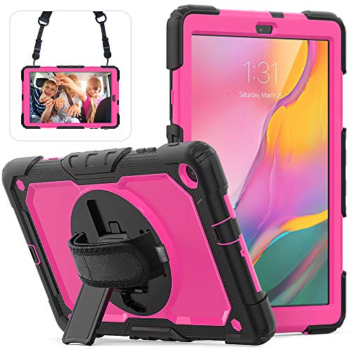 Samsung Galaxy Tab A 10.1 T510 T515 2019 Case [Full-Body] & [Shock Proof] Hybrid Armor Protective Case with 360 Rotating Stand & Strap for Galaxy Tab A 10.1 - Black + Rose Red