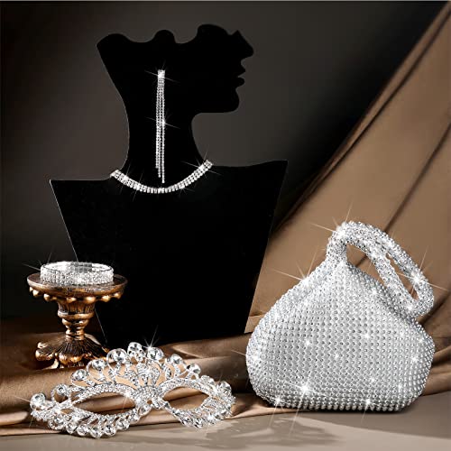 Junkin 5 Pcs Rhinestone Masquerade Mask Women Crystal Jewelry Set Glitter Purse Clutch Bling Necklace Bride Choker Bangle Bracelet Dangle Earrings Set for Women Party Wedding2