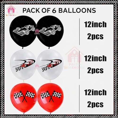 Image of Party Warehouse Racing Car Balloon Set for Birthday - 5Pcs | Race Theme Foil Balloons for Race Lovers | Tyre & Checkered Flag Balloons for Kids /Adults Party Decorations | Red, Black & White