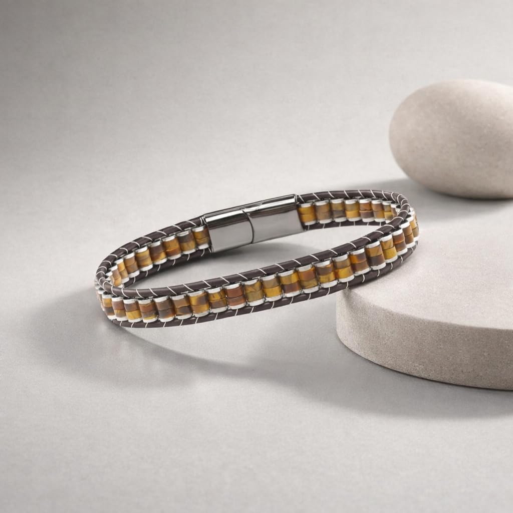 Bracelet Œil de Tigre Homme - Bracelet en Pierre Naturelle pour Homme - LesBacos Bijoux Masculins avec Détails en Cuir, Fermoir Magnétique Noir Brillant