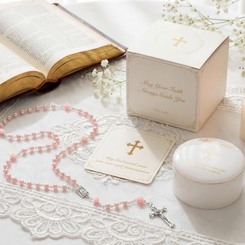 Image of NORBU Baptism Gifts for Girl, My First Rosary with Ceramic Keepsake Box, Rosary for Kids, First Communion & Baby Dedication Gifts for Newborn Baby Boys Catholic Christening Gift