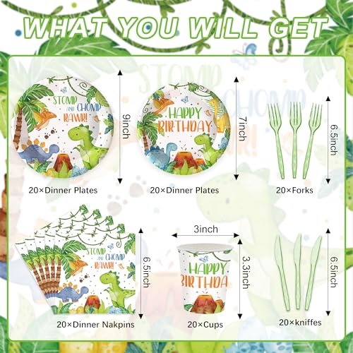 120PCS Dinosaur Party Supplies for Boys Girls 1st Kids First Birthday Party Watercolor Dinosaur Theme Party Decorations Three Rex Dino Tableware Set Plates Napkins Cups Set for 20 Guests