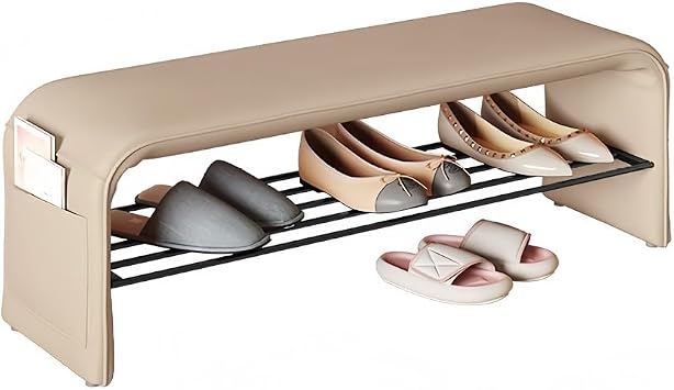 Shoe Storage Bench with Seat Cushion,2 Tier Entryway Bench, End of Bed Seat Bench,Shoe Rack Organizer for Hallway, Living Room, Hallway, Bedroom and PorchBeige,Large
