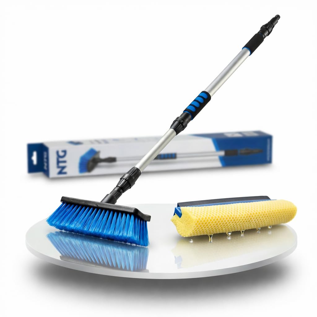 NTG Waschbürste Autowaschbürste Teleskop Waschbürste in 2 & 3 Meter Variante mit Wasseranschluss und Innenliegender Wasserführung und Wechselkopf mit Softwischer und Abzieher (Bis 3 Meter) PKW LKW
