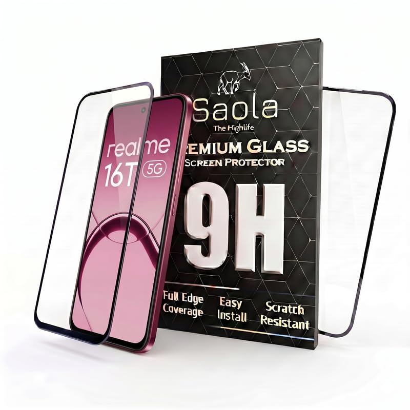 Image of Saola HD+ Oleophobic Tempered Glass For Realme 16T 5G (Pack Of 2) with Hassle-less Installation Kit. Full screen Coverage. 6.81 inch