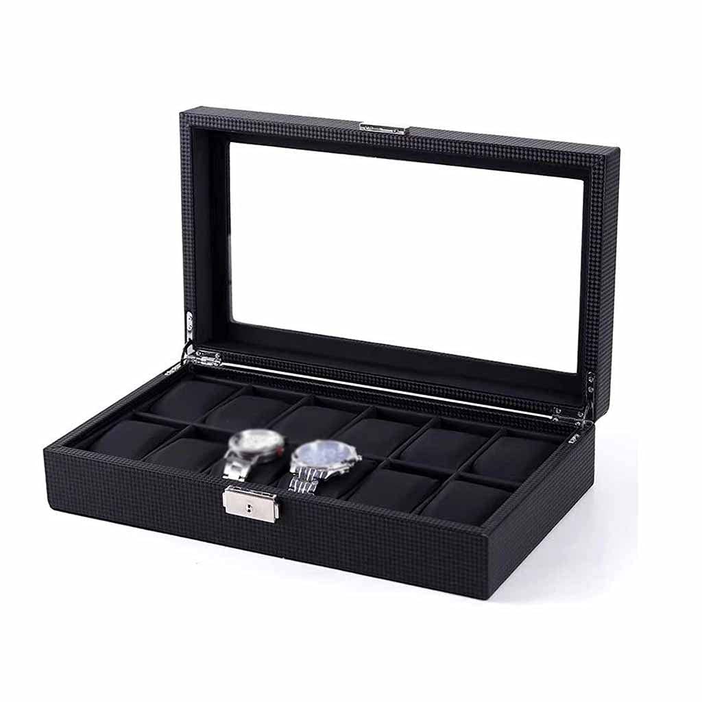 XBTGS Aufbewahrungsbox aus Kohlefaser, für Uhren, mit Schloss, Schmuck-Geschenkbox, Schwarz