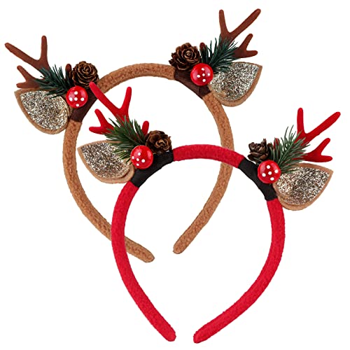 ATESSON 2 Reindeer Ears Headband, Mushroom Pine branches Headband Reindeer Hair Hoop Headwear for Adults and Children
