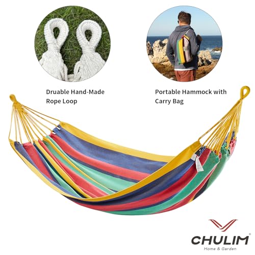 Image of CHULIM Brazilian Double Hammock with Tree Straps,Extra Large 94x63IN,2 Persons Hammock for Backyard Patio Outdoor and Indoor,450lbs Weight Capacity,Soft Woven Cotton Fabric - Aqua Bule Stripe