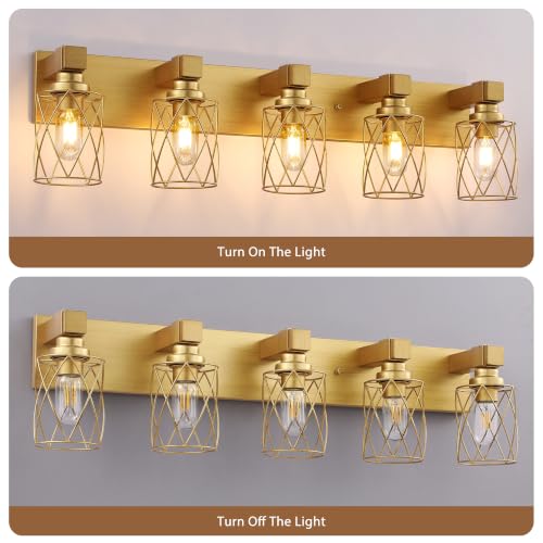 Image of Bathroom Light Fixtures, 5 Light Brushed Gold Wood Vanity Lights