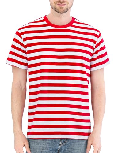 COSAVOROCK Rot Weiß Gestreiftes Tshirt Kurzarm Ringelshirt Herren Rundhalsausschnitt Kostüm XXL