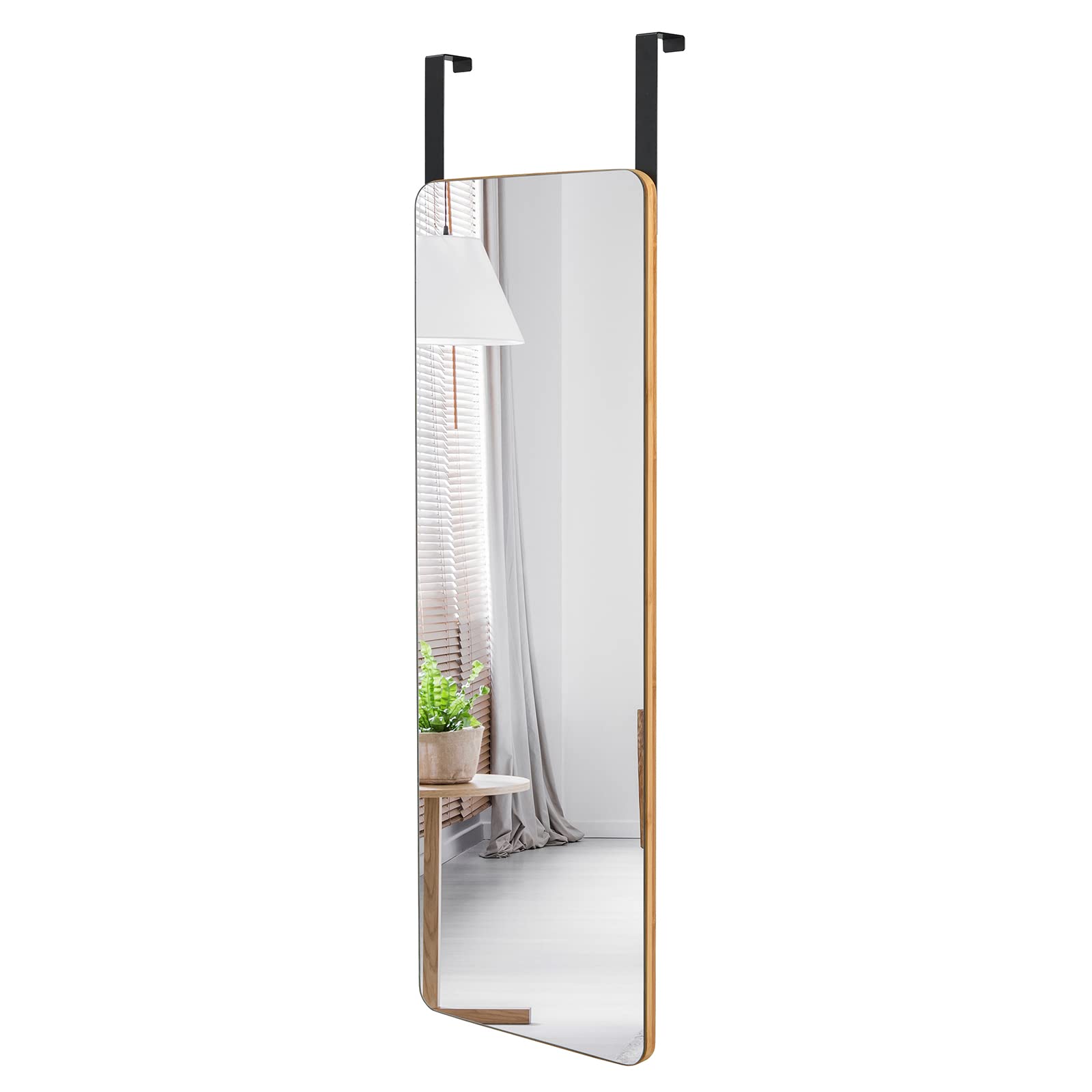 GYMAX Specchio da Porta e da Parete, con Cornice Rettangolare in Bambù di Alta Qualità, Vetro Molato con Pellicola Protettiva, Design Elegante, Ampia Gamma di Applicazioni, 100x35x1,9 cm