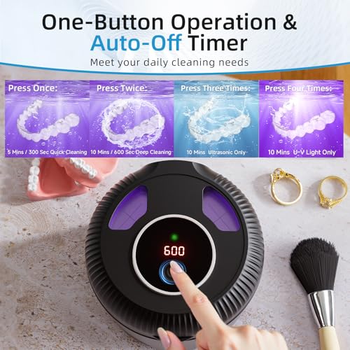 Image of Ultrasonic Retainer Cleaner Machine, 45kHz Dental Cleaning Pod for Dentures, Jewelry, Toothbrush Heads, Mouth Guards, Aligners, Braces, 200ML Denture Cleaner 4 Modes & Digital Timer, Black