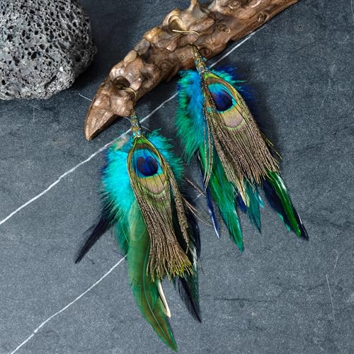 Bohemian Pheasant Peacock Long Feathers Statement Earrings Handmade Natural Lightweight Feather Dangle Earrings for Women (ea000071)3
