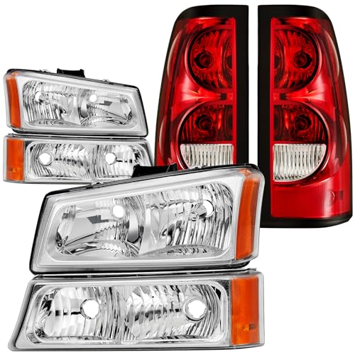 Headlights and Taillights Combo Compatibel With 2003-2006 Chevy Silverado 1500 1500HD 2500 2500HD 3500 & 2007 Chevy Silverado Classic Replacement Chrome Housing w/ Amber Head Lamp Rear Brake Lamps Set
