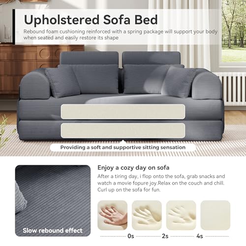 Image of Upgrade High Backrest Design Sofa Bed with Fixed-Shape Frame & Removable Armrests and Backrest, Corduroy Fabric, Convertible Couch for Small Spaces - No Assembly Needed (Dark Gray)