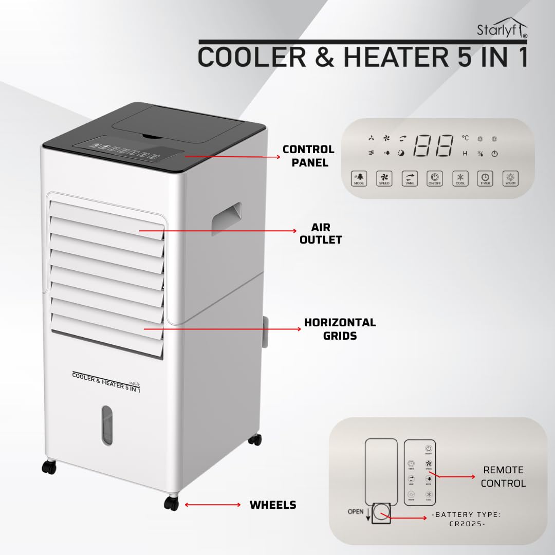 STARLYF Air Cooler Fan 5-in-1 – Luftkühler, Heizlüfter, Luftbefeuchter & Luftreiniger – 6L Wassertank – 2000W Heizung – Tragbar mit Fernbedienung & Timer