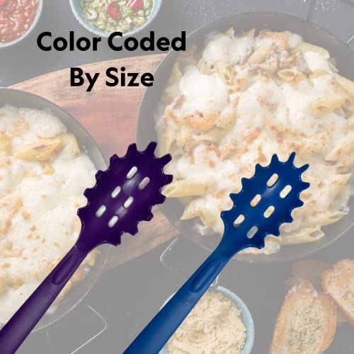 Image of Rite-Size 8 oz. Spaghetti Pasta Spoon Server, Copolymer Plastic Heat Resistant Professional Cooking Tool, Blue
