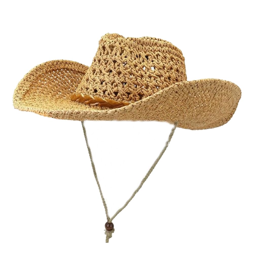 Mookblank Straw Cowboy Hat for Women Men, Western Cowgirl Sun Hat Summer Beach Hat with Chin Strap Adjustable for Outdoor Kaki