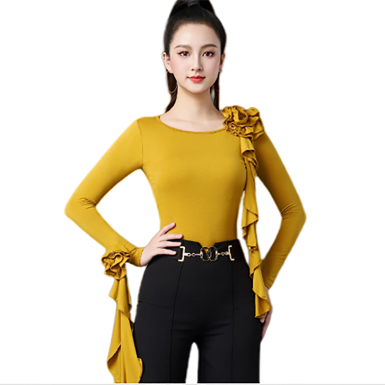 Body De Manga Larga para Baile De Salón Adulto Top De Cuello Redondo para Vals Y Tango Ropa De Baile Estándar Internacional para Mujer Suave Y Liso