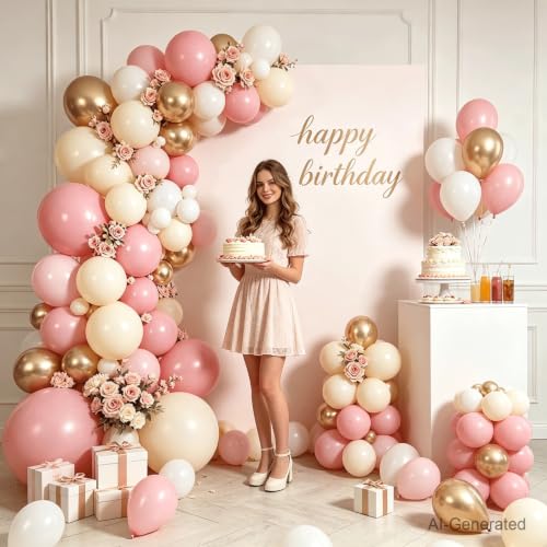 Image of Zesliwy Pink White Sand Gold Balloons Arch Kit, Latex, Party Decorations