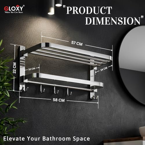Image of GLOXY Premium SS 304 Towel Rack 24 Inch in Bathroom - Wall Mounted Foldable Towel Holder with Multipurpose Hooks - Chrome Finish Towel Hanger for Towels & Clothes - Bathroom Fittings Accessories