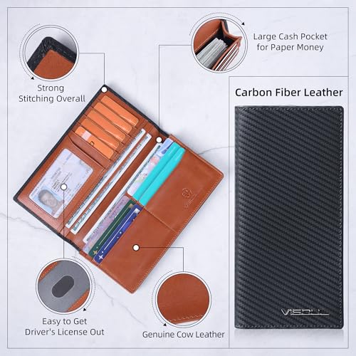 Image of VISOUL Leather Checkbook Cover Wallet for Men with RFID Blocking, Mens Long Bifold Cash Tall Wallet with 11 Credit Card Slots 1 ID Window (Black+Orange)