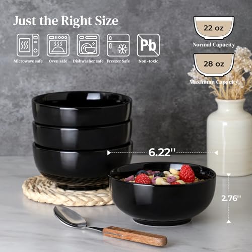 DOWAN 22 OZ Ceramic Soup Bowls & Cereal Bowls - 6" Classic Bowls Set of 4 for Soup, Cereal, Oatmeal, Fruit, Rice - Dishwasher & Microwave Safe (Black) - Image 4