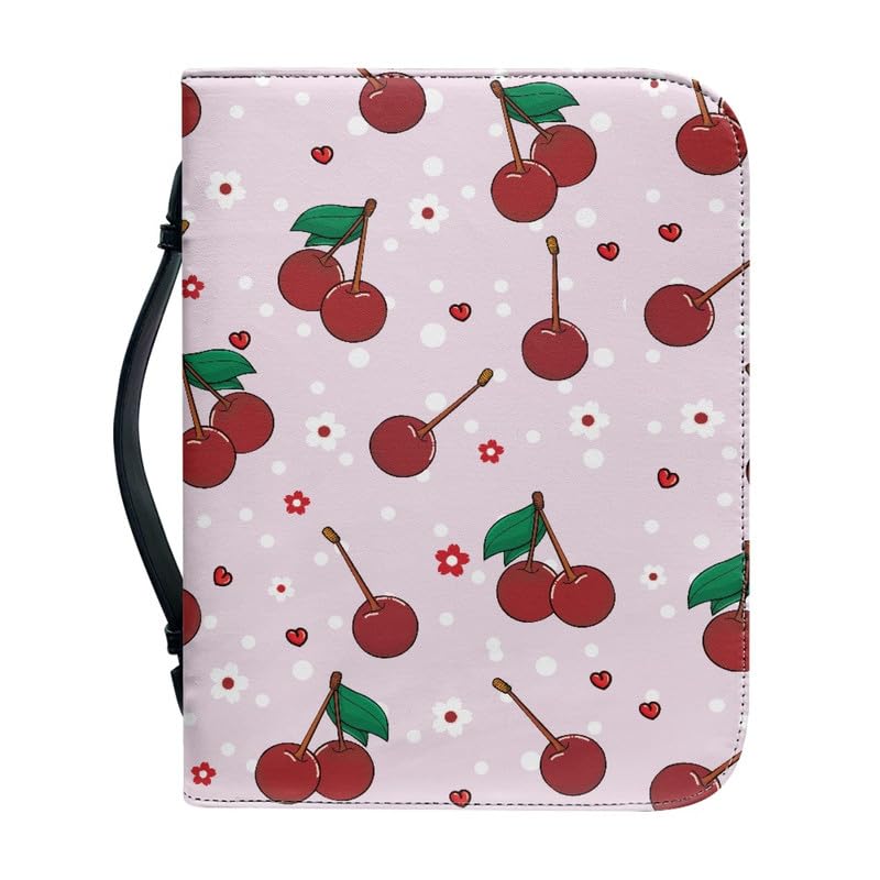 Kuiaobaty Red Cherry Print Zipper Book Bag Carrying Case with Handle, Cherry Pattern Leather Book Bag Zipper Notebook Case with Pen Pocket — image 1