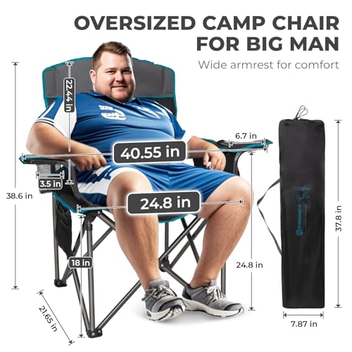 FUNDANGO Oversized Camping Chairs for Adults, Heavy Duty Fold Up Sports Games Lawn Chairs, Extra Wide Big Man Outdoor Chairs with Padded Lumbar Support Backrest, Bag Included for Camp, Outside, Beach - Thumbnail 2