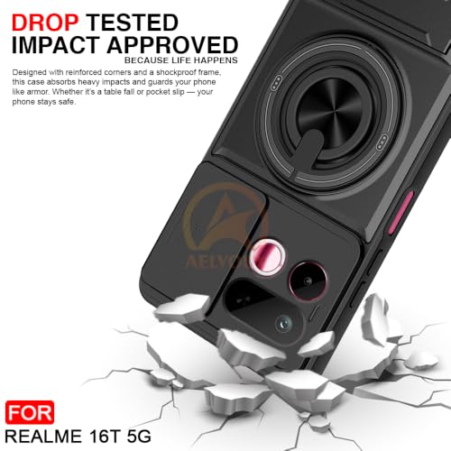 Image of Realme 16T 5G Back Cover | Armor Camera Slider 360 Degree Rotating Finger Ring Holder Case with Bracket Stand Back Case Cover (Compatible with MagSafe Accessories) (Black)