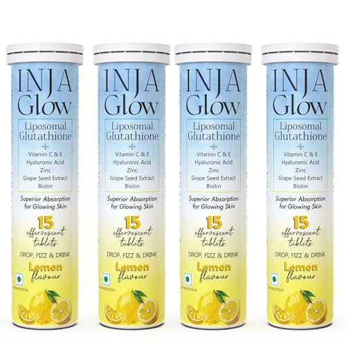 Image of INJA Glow Liposomal Glutathione with Vitamin C & E,Hyaluronic Acid,Zinc,Biotin & Grape Seed Extract, Reduces Dark Spots,Enhances Skin Glow & Collagen,Lemon Flavour,1 count,15 capsules (Pack of 4)