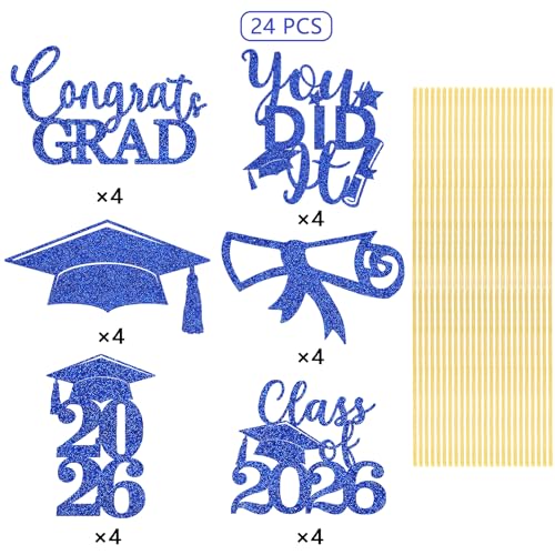 Image of Graduation Centerpiece Sticks 24PCS Glitter Grad Picks Party Table Decor Senior High School College Sign Blue