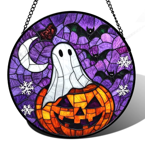 Image of Stained Glass Window Hanging Halloween Horror Pumpkin 11.8 inch - Suncatcher Door Garden Sunroom Gothic Style Ghost Bat Sun Catcher Birthday for Friend Mom Men Woman Nana