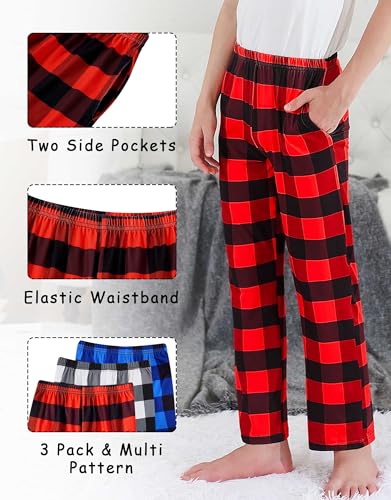 TUONROAD Boys 3 Pack Pajama Pants Soft Plaid Cozy Elastic Waist Sleep Bottoms Size 7 14 with Pockets2