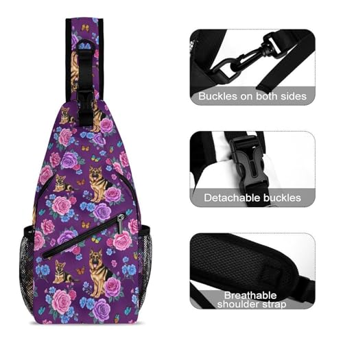 Fashion Traveling Running Casual Chest Bag, Dress Decor Sling Backpack, Shoulder Bag Casual Day Pack Rose Flowers German Shepherd Purple3