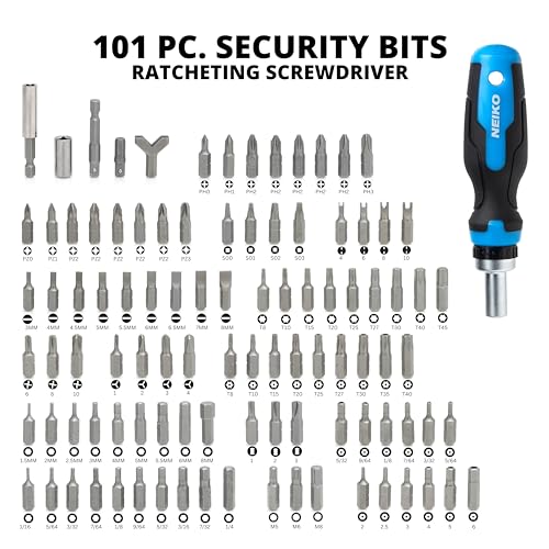 Neiko 10082A Security Bit Set And Ratcheting Screwdriver | 101 Piece Set | Chrome Vanadium Steel | Screwdriver Bit Set Phillips, Tamperproof Torx Bits, & Flat | 1/4 Inch Hex Shank Magnetic Bit Holder thumb #1