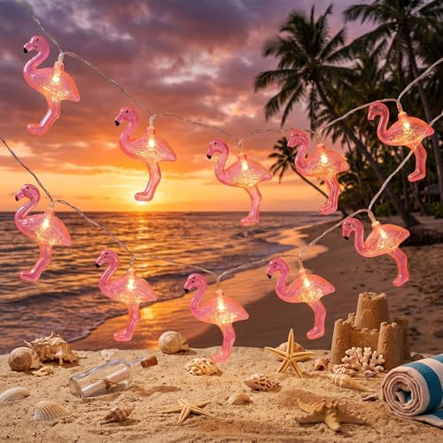 DomeStar Flamingo Decor, 10Ft Pink Flamingo String Lights - LED Battery Operated Fairy Lights, Outdoor Patio Decor for Garden, Poolside, Yard, Tropical Hawaiian Luau Party, Camping Decoration