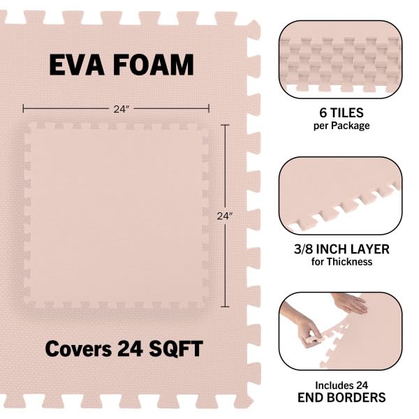 Image of Foam Floor Tiles - 24sqft Soft Nontoxic Baby Play Mat - Interlocking Puzzle Mat for Baby, Kids Playroom, or Home Gym Flooring by Stalwart (Light Pink)