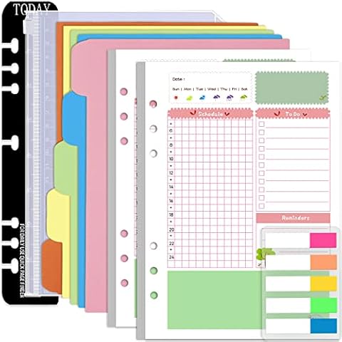 Rancco A5 Planner Inserts Daily Planner Refills, 90 Pages Colorful 6-Ring Loose-leaf Binder Planner Inserts w/Divider, PVC Pouch, Ruler, Index Tab for Journal, Filofax, Double-sided, Undated,8.3x5.6" Cover